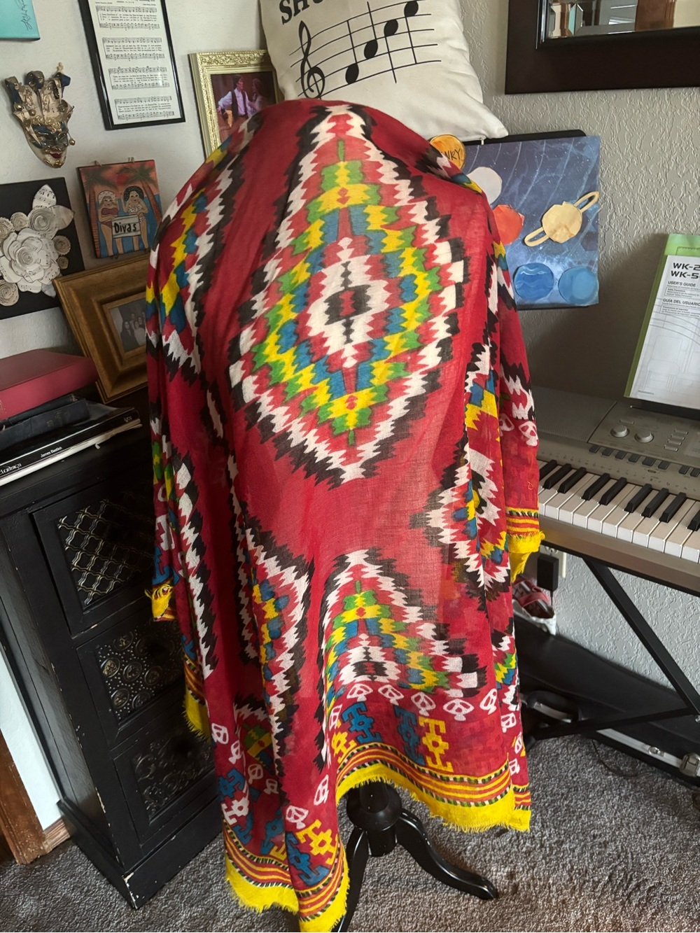 Tolani Red Multicolor Geometric Fringe Cashmere and Silk Scarf